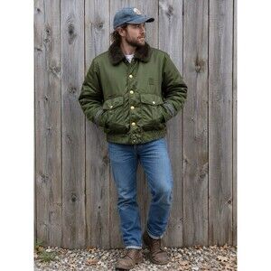 Vintage 50s/60s Tuffy Jac Olive Bomber Jacket Faux Fur Collar Talon Zipper - XL